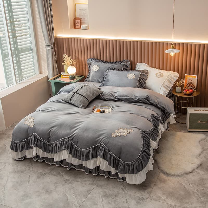 Inverno babados Coral velo conjunto de quatro peças princesa engrossado quente dupla face conjunto de cama de flanela de