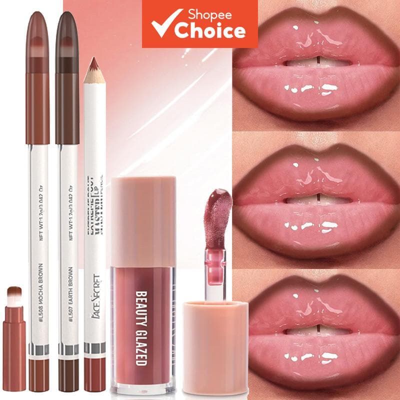 Conjunto de 4 Batons Líquidos e Lápis Labiais Beauty Glazed – Brilho Intenso, Longa Duração, À Prova D’água, com Lápis