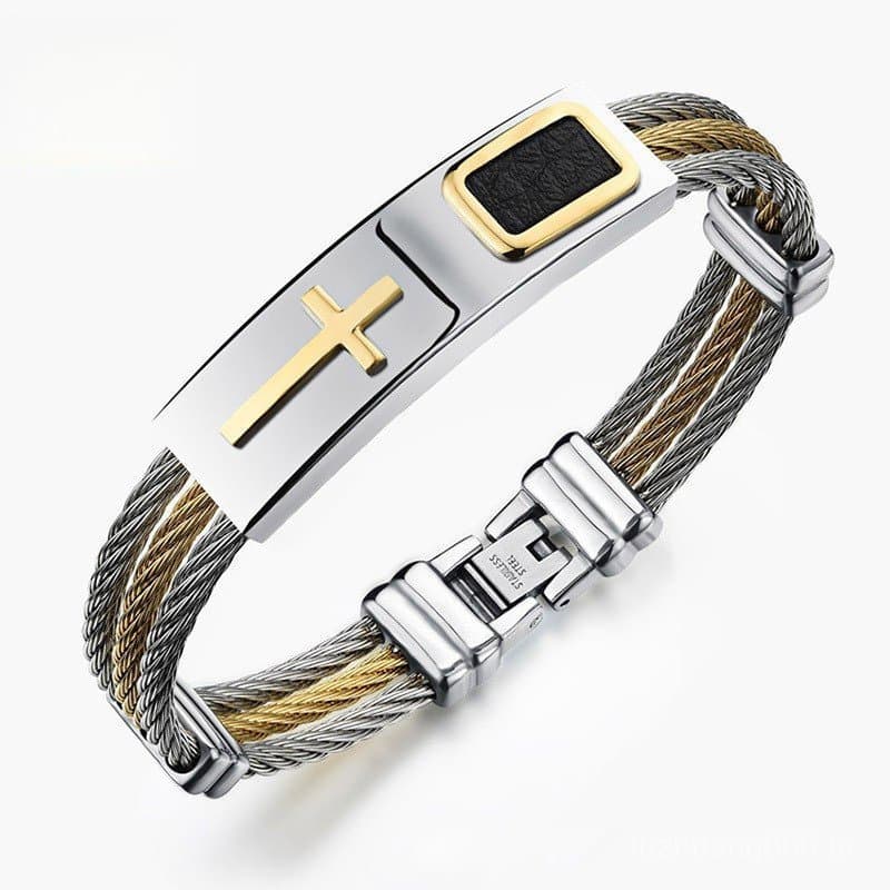 Bracelete / Pulseira Masculina Com Cruz / Punk / Aço Inoxidável / 3 Fileiras
