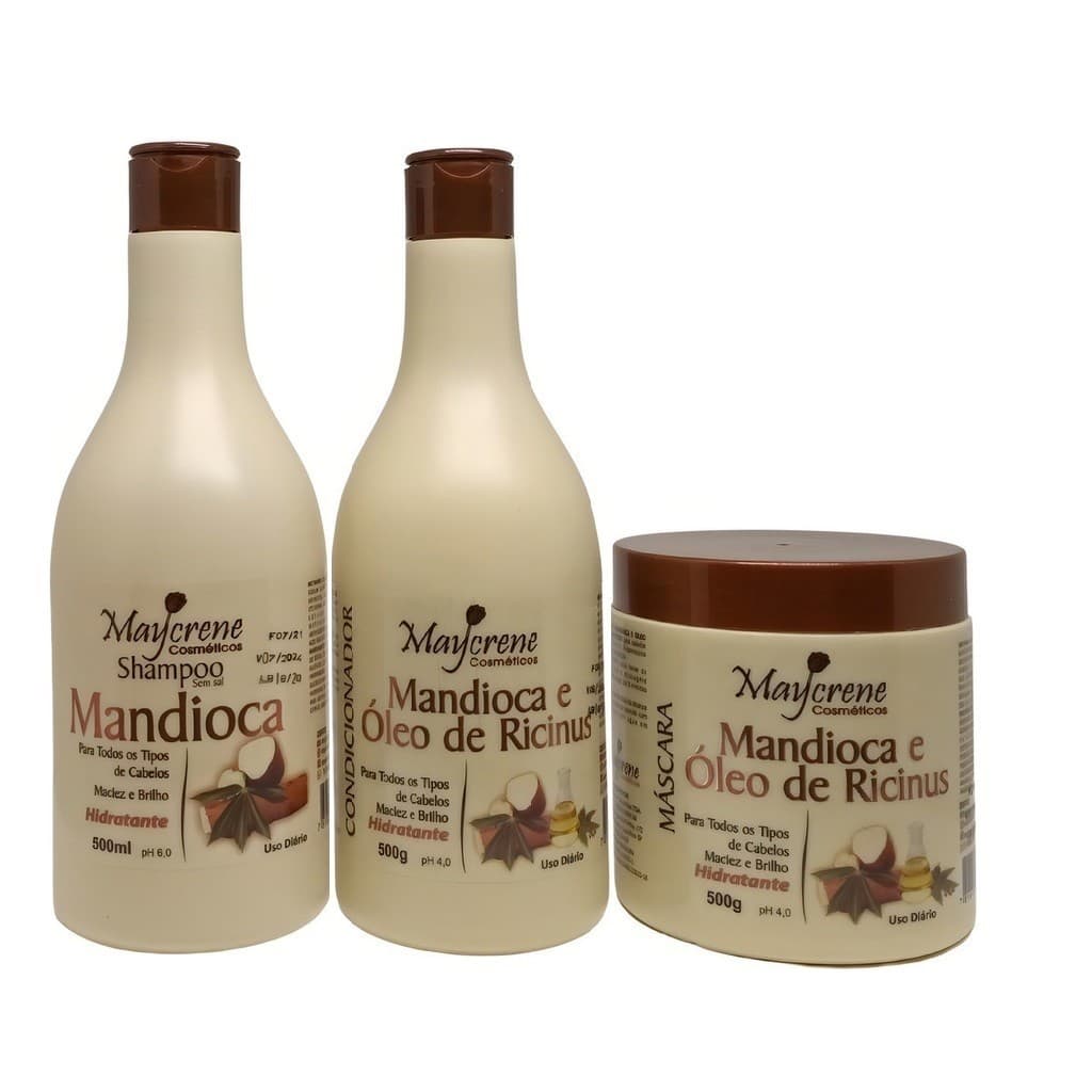Kit Capilar Mandioca 500ml Maycrene Shampoo + Condicionador + Máscara capilar