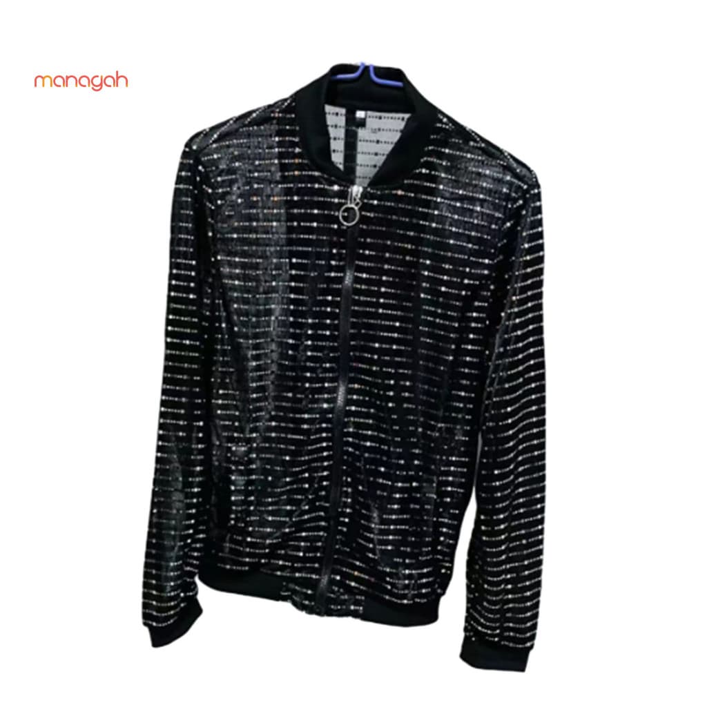 Jaqueta Masculina De Lantejoulas Brilhantes Manga Comprida Com Zíper Bolso Boate Cantor Casaco Slim Fit