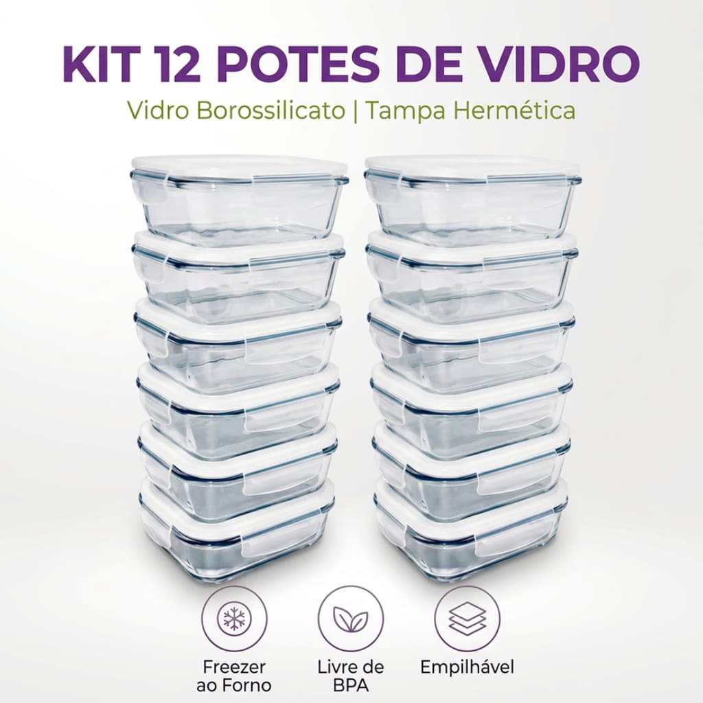 KIT 12 POTES VIDRO HERMETICO 640ML MARMITA