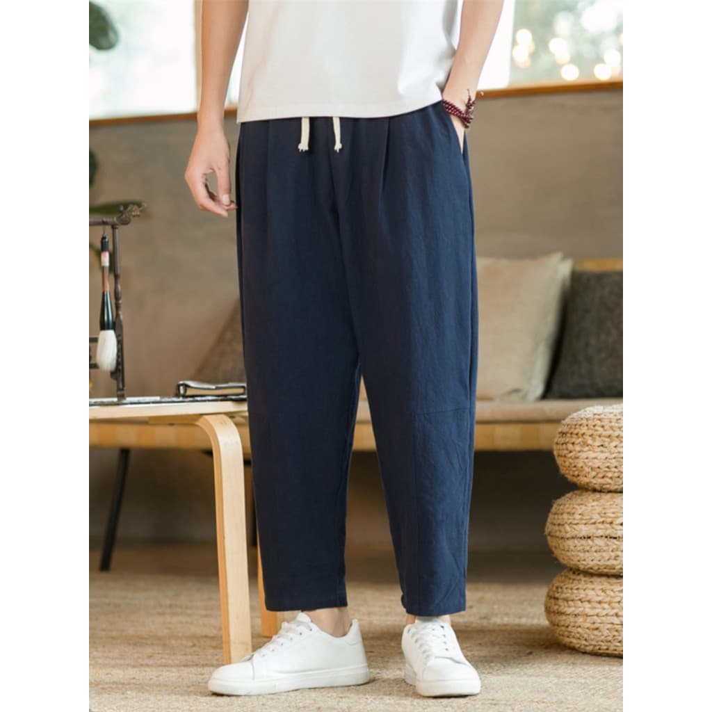 Calças casuais de linho masculinas primavera outono estilo chinês tamanho grande calças de perna larga algodão linho Kun