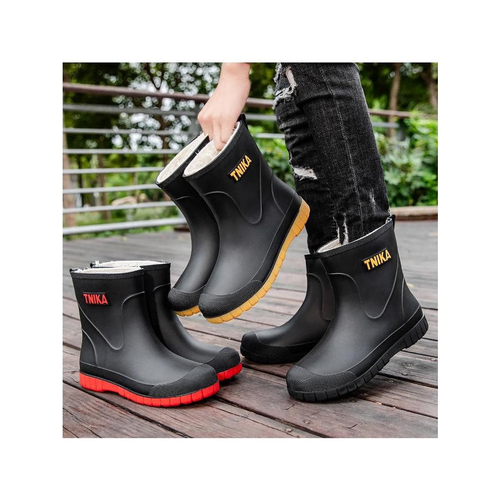 Botas de chuva masculinas de tubo curto, forro de lã, inverno, quente, canteiro de obras, pesca ao ar livre, à prova d'á
