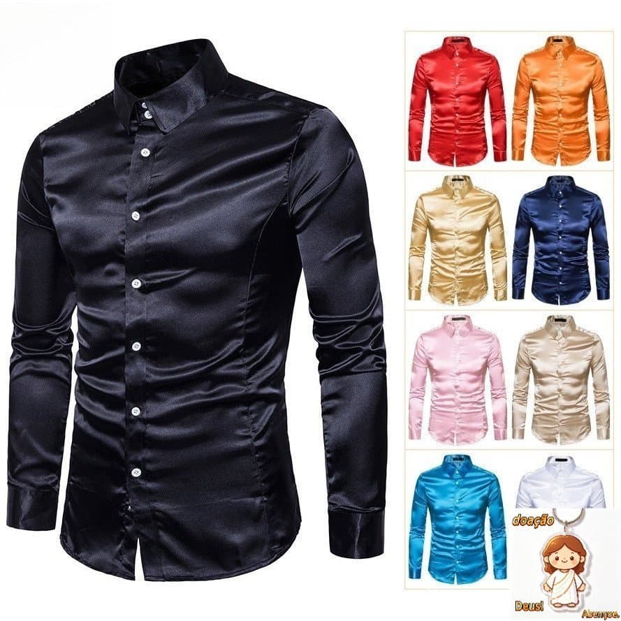 Camisa de Cetim Masculina com Gola Reversa, Manga Longa, Ajuste Slim, Cor Sólida para Social Casual, Casamento, Festa