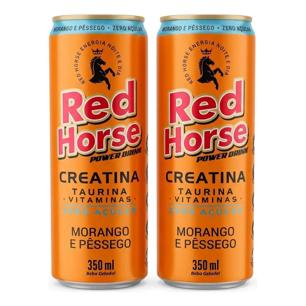 Kit 2 Energético Red Horse Morango e Pêssego + BCAA + Creatina + Vitamina 350ml