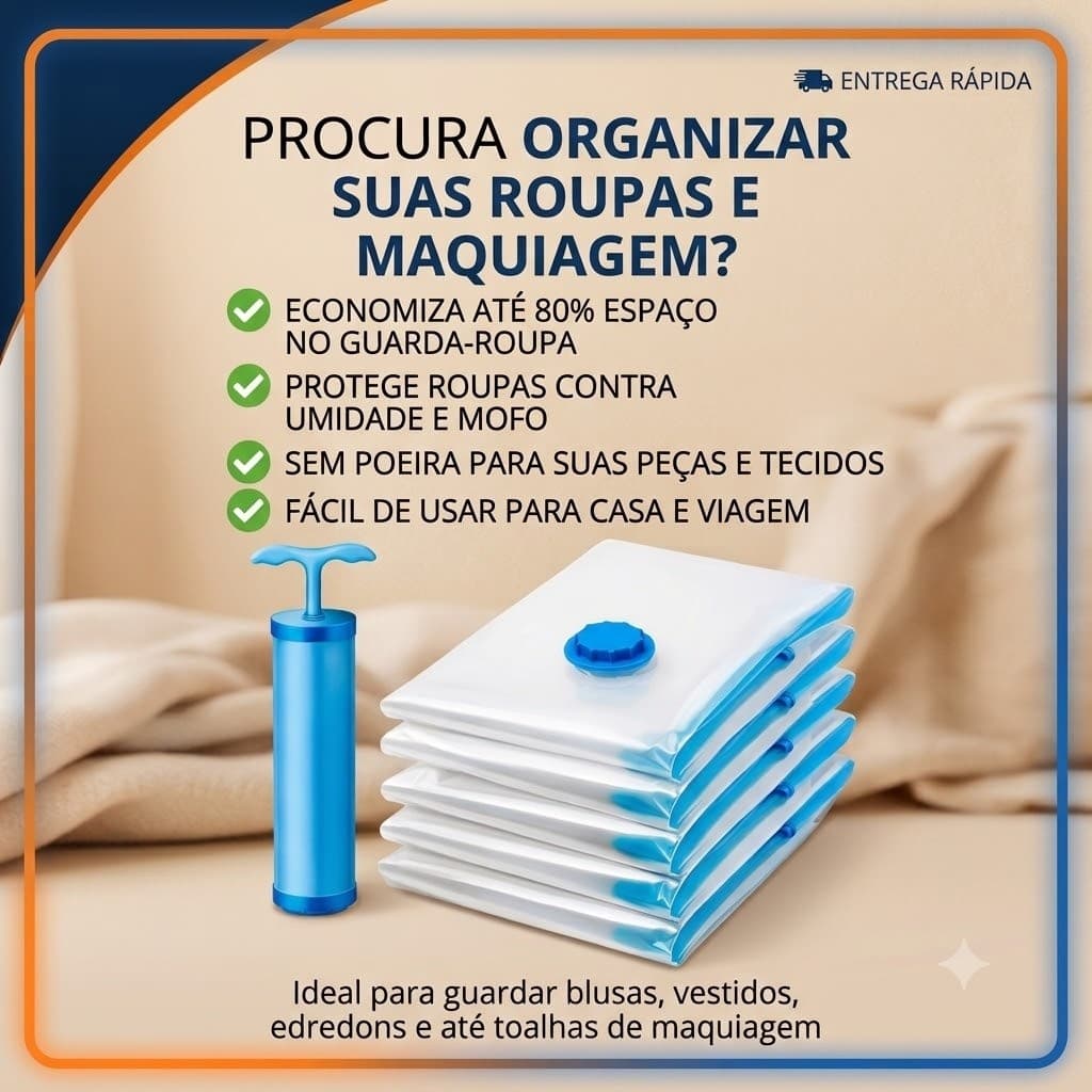Kit 5 Sacos a Vácuo Organizador com Bomba Manual Tamanhos  50x60 60x80 70x110 Armazenamento Roupas Edredom Viagem