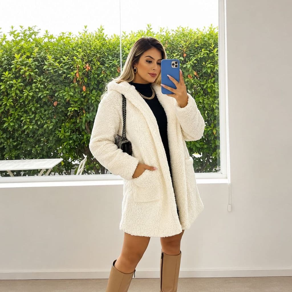 Casaco Teddy Feminino Tamanho Único Peludo Com Capuz Sobretudo Inverno Macio Para Dias Frios
