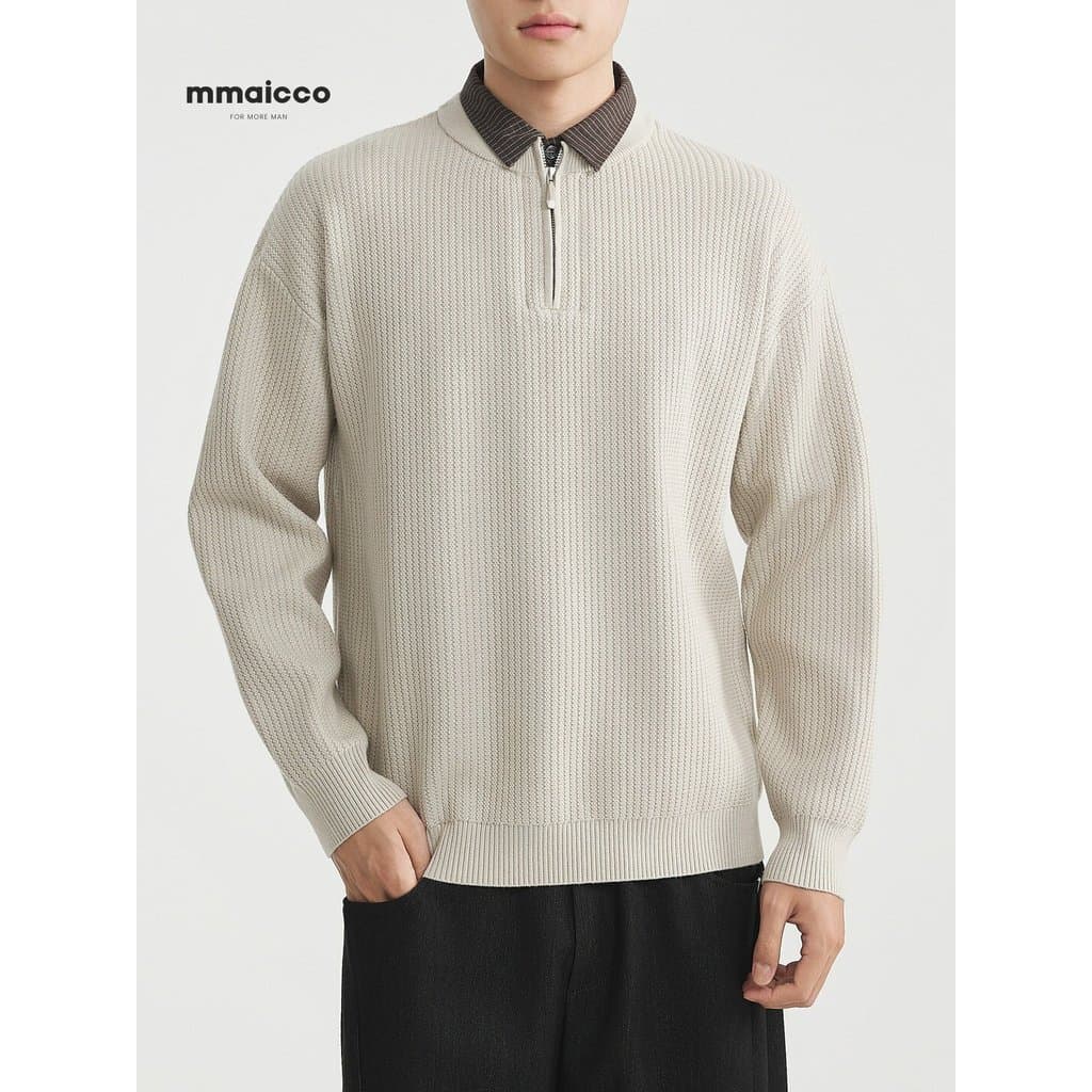 Momaike roupas masculinas contraste cor falso camisola de duas peças masculino 2025 outono inverno novo estilo textura c