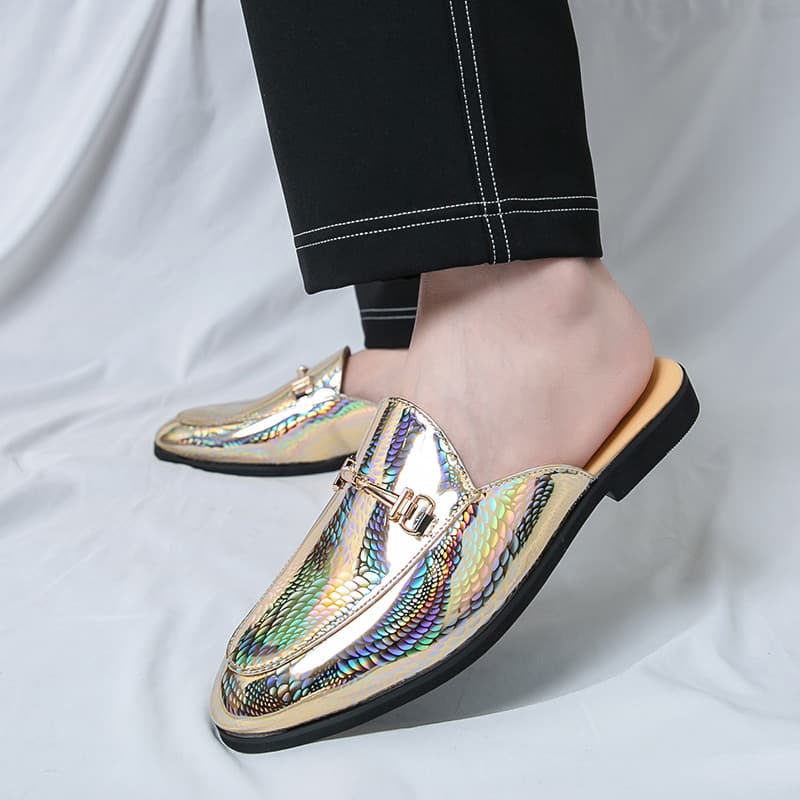 Meia chinelos masculino verão preguiçoso pessoas deslizamento em sandálias de couro moda Horsebit chinelos sapatos de co