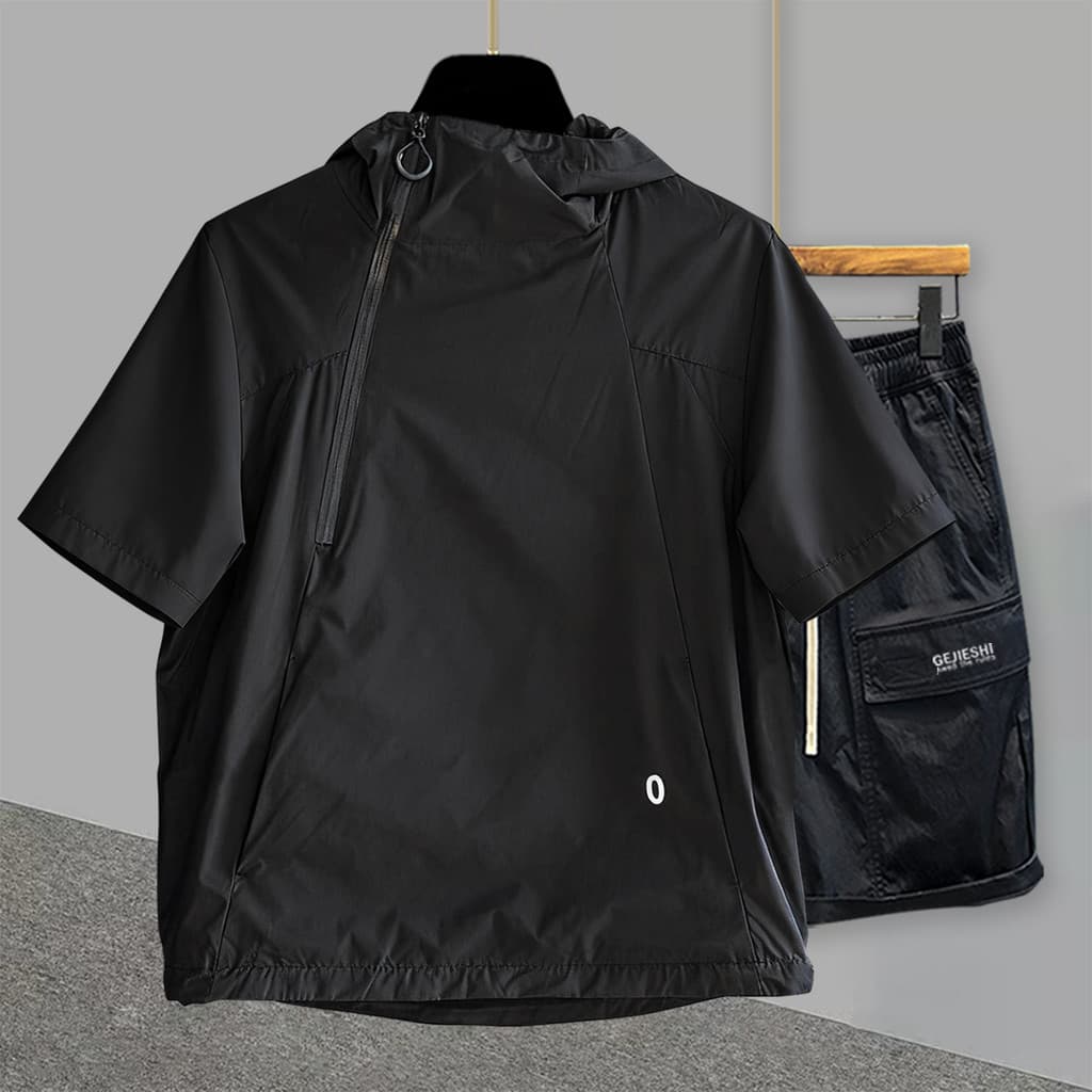 High Street estilo Diagonal zíper com capuz macacão de manga curta Shorts terno masculino solto cobrindo carne mais magr
