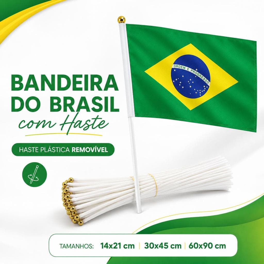 Bandeira do Brasil com Haste Plástica Removível, Bandeirinha Verde e Amarela para Torcida, Festas, Eventos e Comemoraçõe