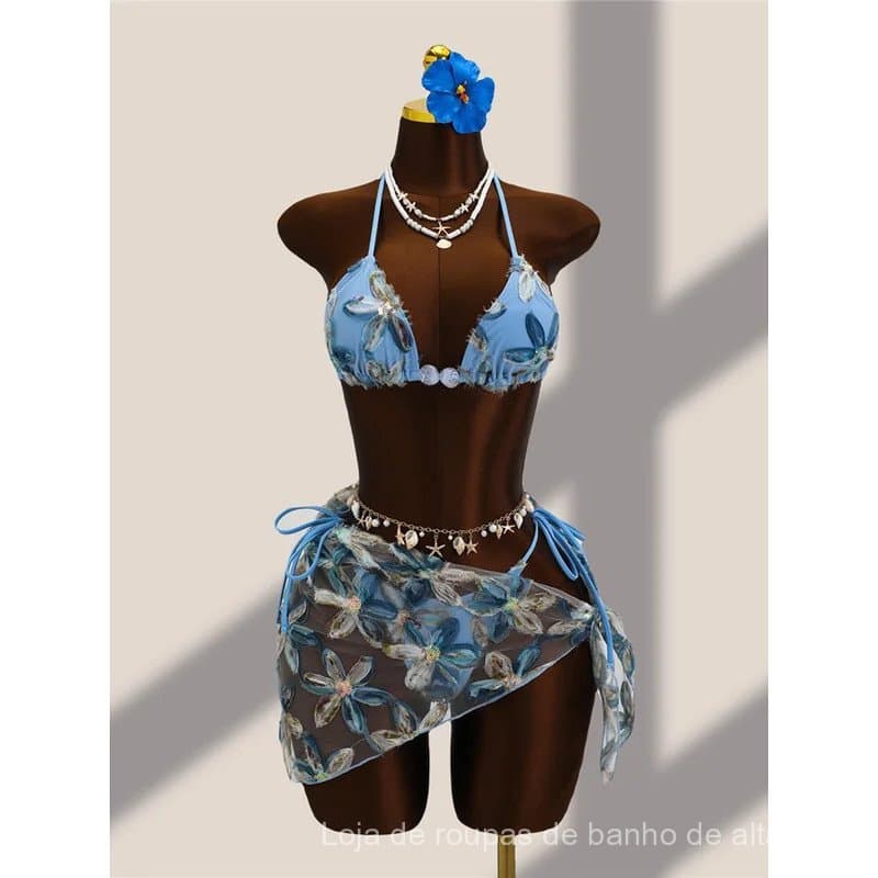 Biquíni feminino com estampa floral e alças tipo sarong, conjunto de biquíni de três peças para banho K8321.