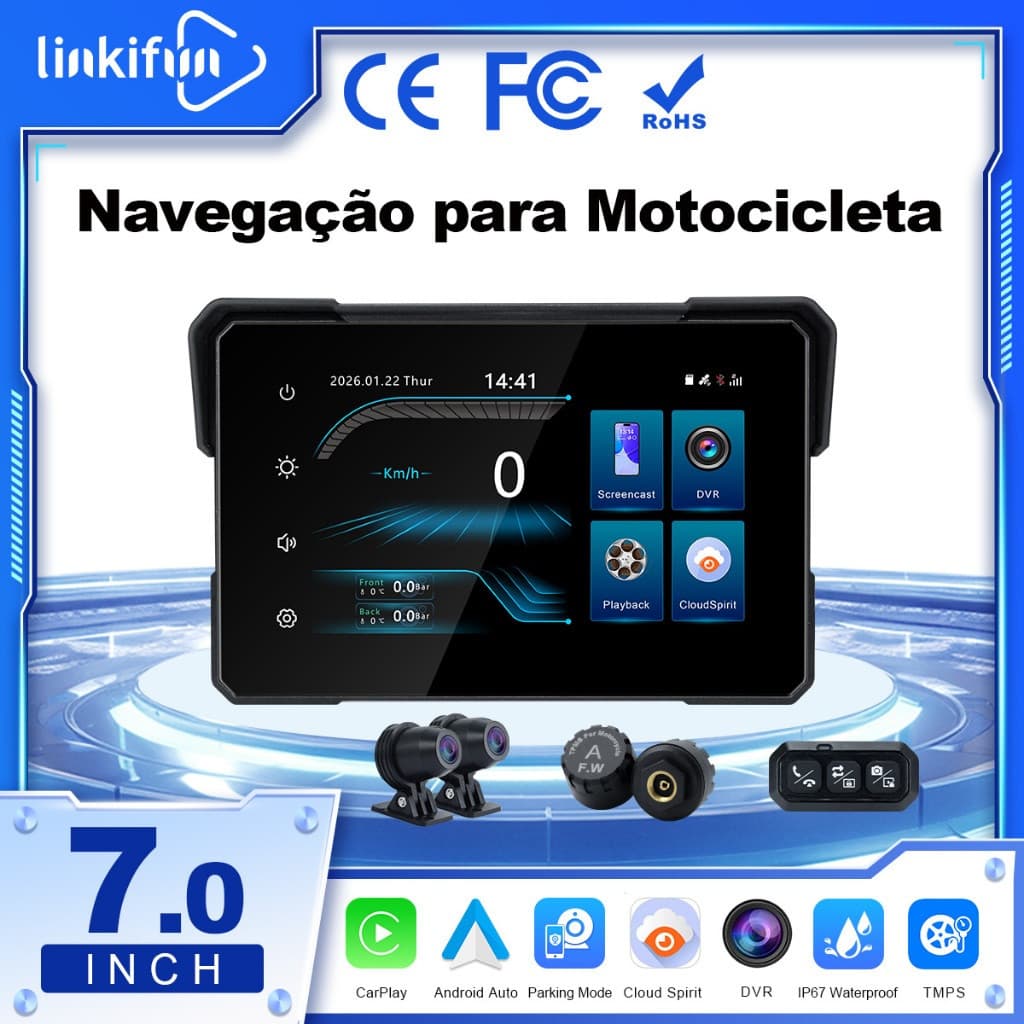 Linkifun MT24 Display Inteligente Para Motocicleta 4G De 7 Polegadas , Apple CarPlay Sem Fio E Android Auto , Transmissã
