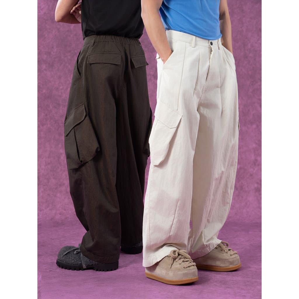 CLP Café Damasco Calças Casuais Finas Homens Cintura Elástica Solta Macacão de Perna Larga Multi-bolso Trendy Machete Pl
