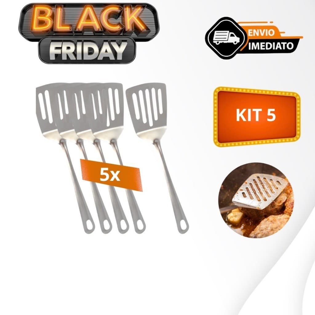 Kit 05 Espátula Vazada para Fritura Em Aço Inox 21,5cm