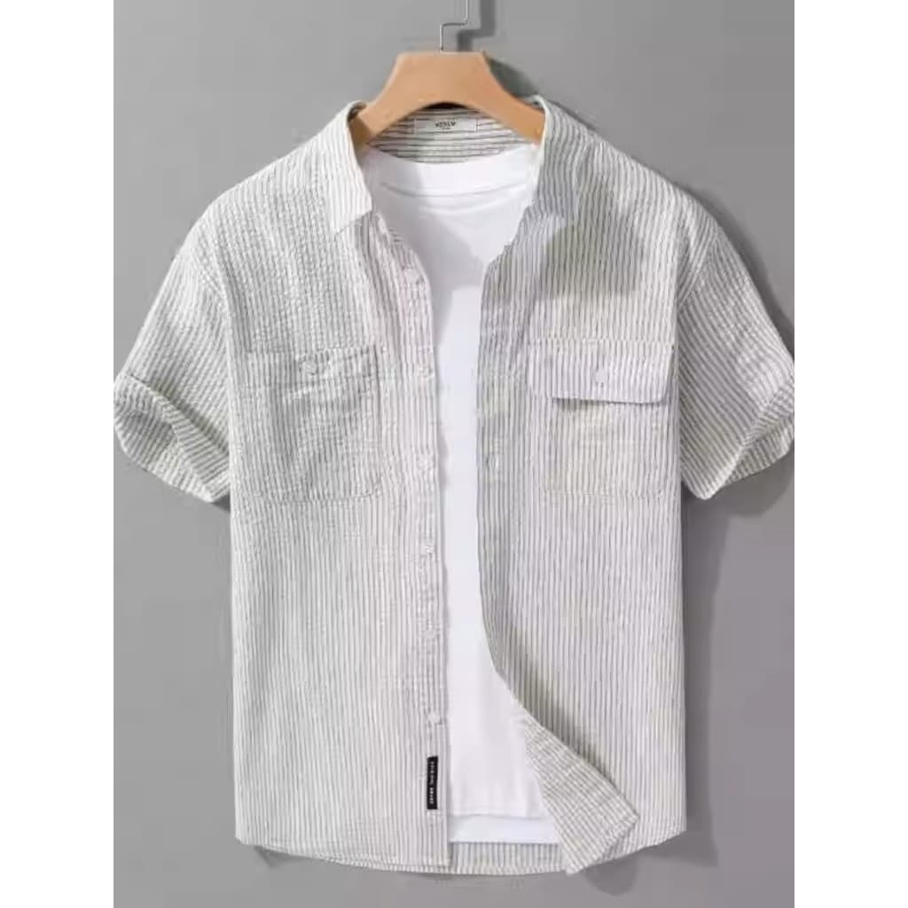 Verão japonês masculino camisas de manga curta ferramentas listras cor sólida Casual na moda camisas bolha All-Match jap