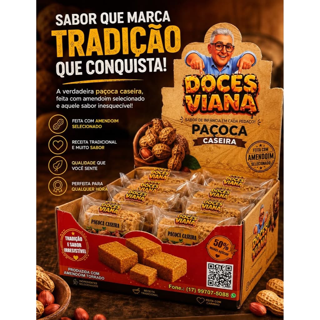 Display caixa Paçoca caseira Pouco Açúcar 20 Unid de 80G – DOCES VIANA