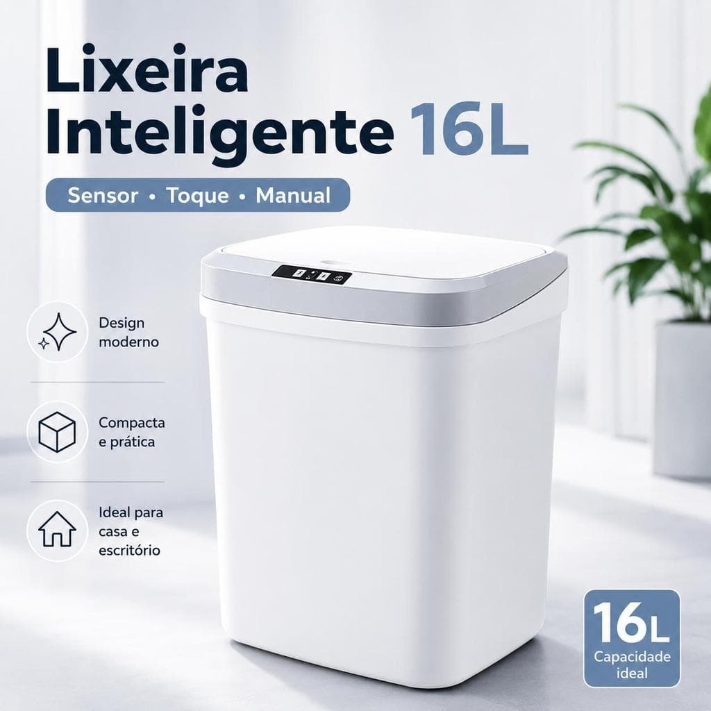 Lixeira Inteligente Automática 16L com Sensor, Tampa Touch e Manual, Compacta para Banheiro, Cozinha, Quarto e Escritóri