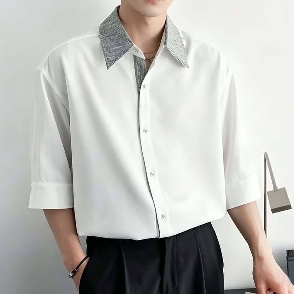 2026 verão novo estilo camisa de manga curta meia manga moda rufião bonito branco Street Wear masculino All-Match