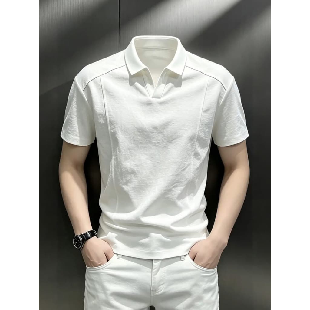 Branco americano gaivota colarinho camisa POLO de manga curta masculina verão costura frente ombro camiseta High-End sen