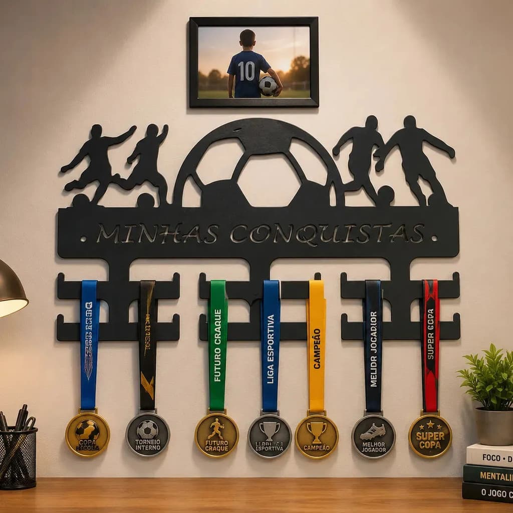 Porta Medalhas Expositor Suporte Organizador de Medalhas Esportivas Minhas Conquistas Mdf + Porta Retrato 15x10 Preto