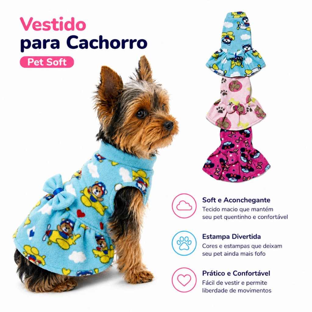 Vestido para Cachorro Pet Soft Inverno Quentinho Confortável Roupa Cachorro Luxo Estampado PP ao GG (Estampas variadas)