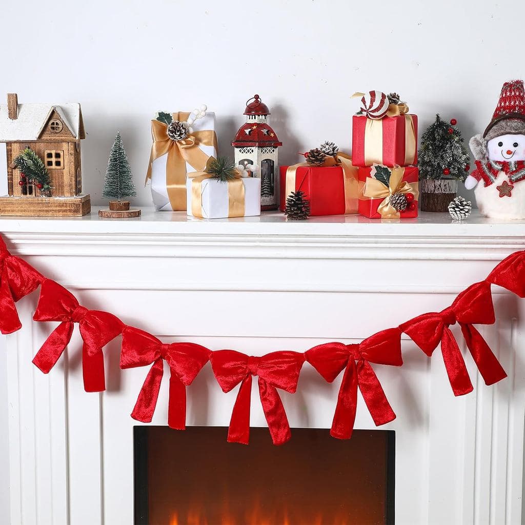 VitalCozy Guirlanda de Natal de 1,80 m com Laços de Veludo Vermelho, Guirlanda de Natal Pré-montada com 10 Laços, Decora