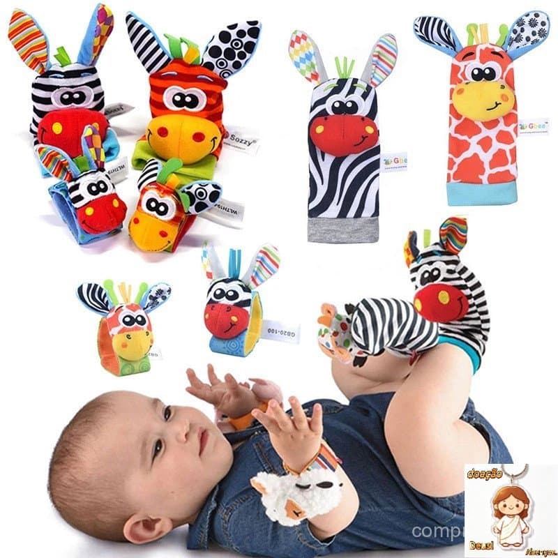 Kit de Meias E Pulseiras com Chocalhos para Bebês - 4 Peças