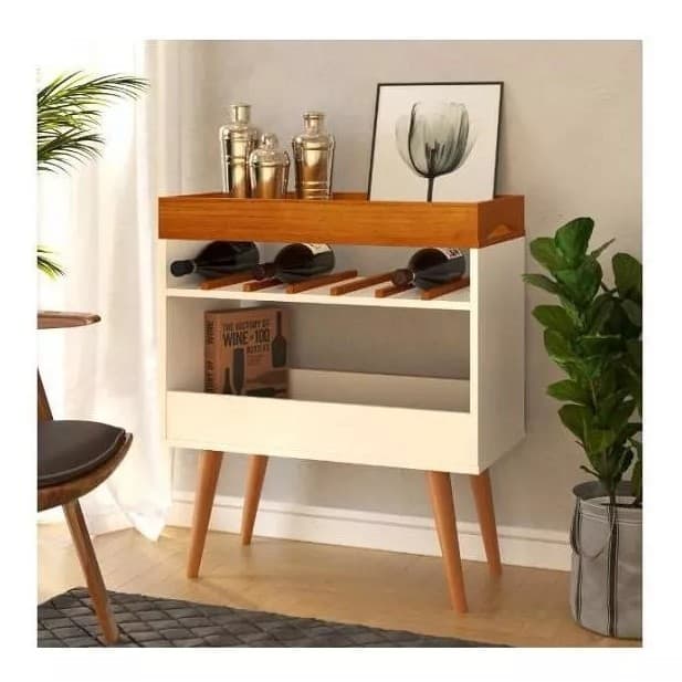 Aparador Café Bar para garrafas copos Xicaras Pés de madeira Pinus Off white-Caramelo