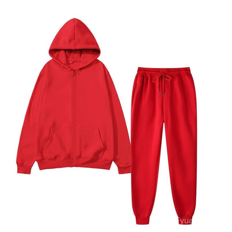 Terno esportivo masculino transfronteiriço cor sólida Cardigan moletom com capuz + moletom conjunto completo forro de lã