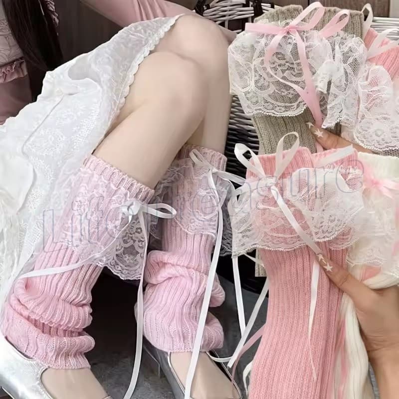 Meias Empilhadas Com Laço De Renda Y2K – Longas Femininas Alta Elasticidade , Confortável , Macia Aquecedor De Pernas Pa