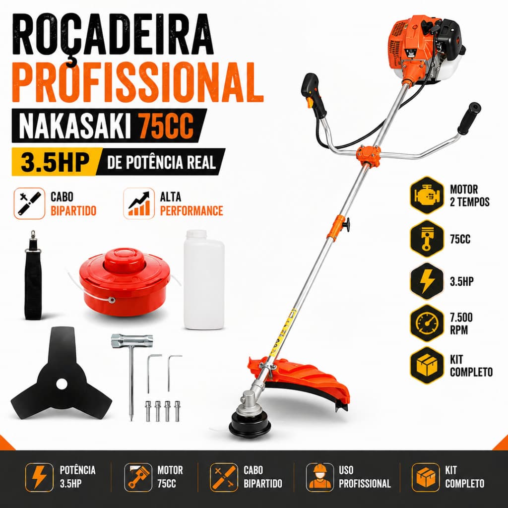 Roçadeira Aparador De Grama 75CC - 3.5hp Cortador Grama a Gasolina KNakasaki Alta Performace