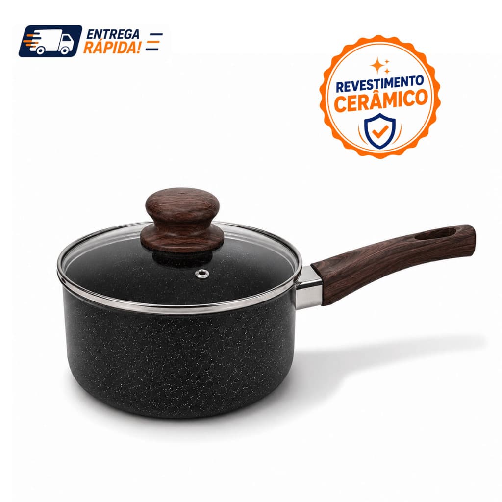 Panela Cerâmica Antiaderente Preta 16cm 18cm 20cm Indução Caçarola Tampa Vidro Premium