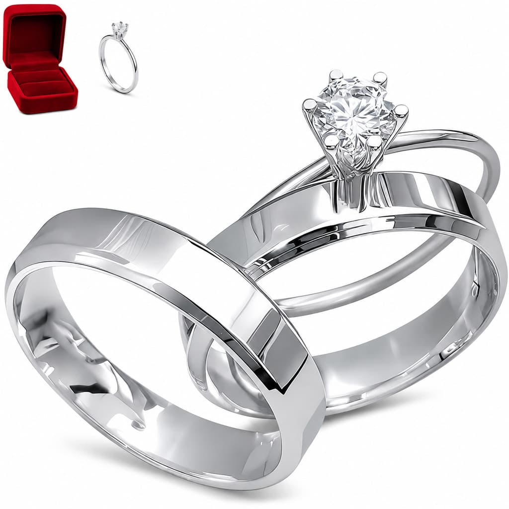Par de Aliança de Casamento e Compromisso Prata Fina 4mm Lisa Tradicional Banhada Premium + Anel Solitário de Noivado