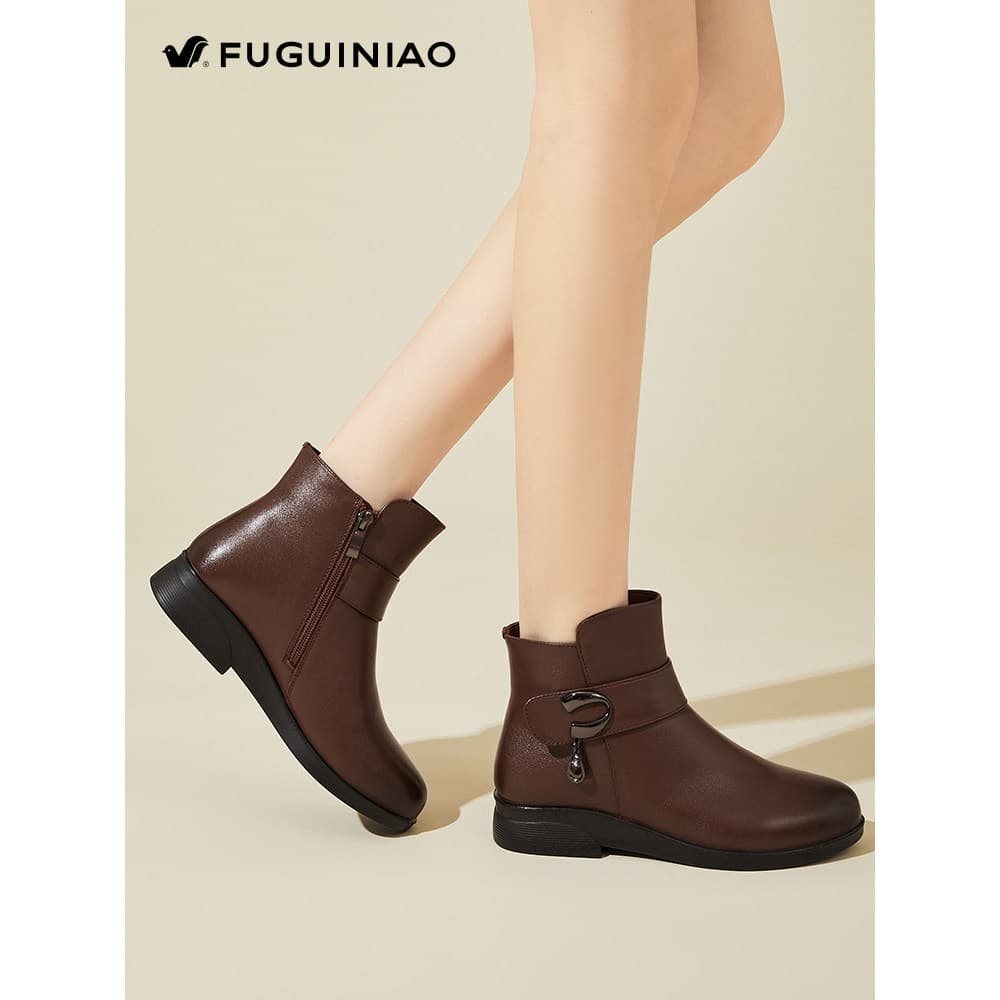 Fugui pássaro couro genuíno botas curtas de salto baixo senhoras 2026 novo estilo de meia-idade mãe botas sapatos femini