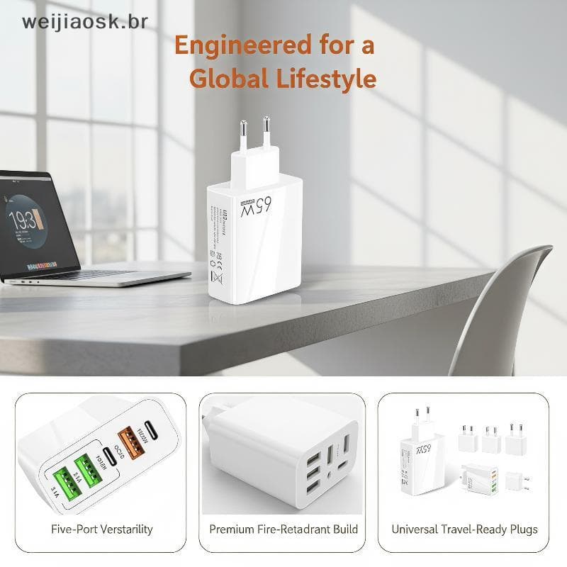 Carregador De Parede Multiportas wei 65W PD QC3.0 Plugue De Viagem Universal De Carregamento Rápido Para Dispositivo Móv