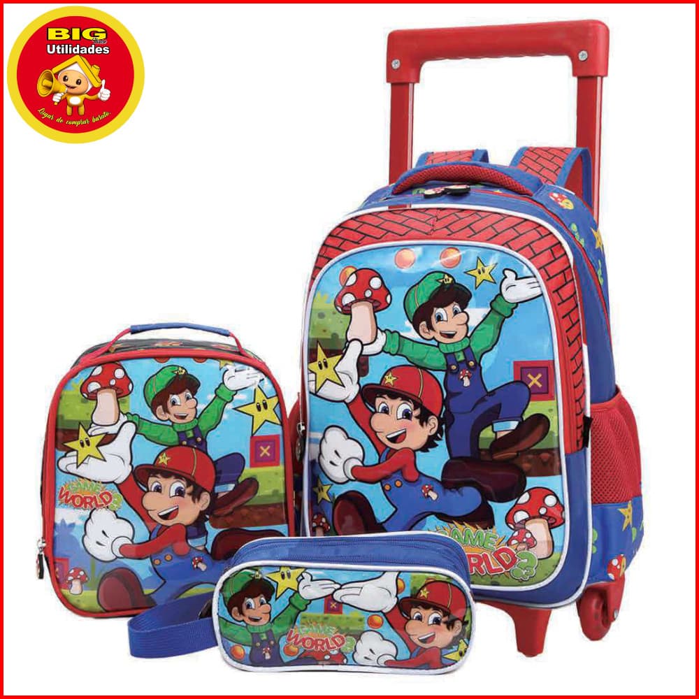 Kit Mochila de Rodas Lancheira e Estojo Infantil Masculina Resistente Escolar Creche Menino Estiloso