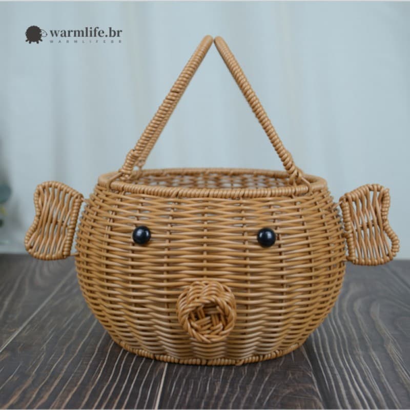 Cesta De Armazenamento De Mesa De Porco Fofo-Organizador Multifuncional De Imitação De Rattan Para Decoração De Lanches