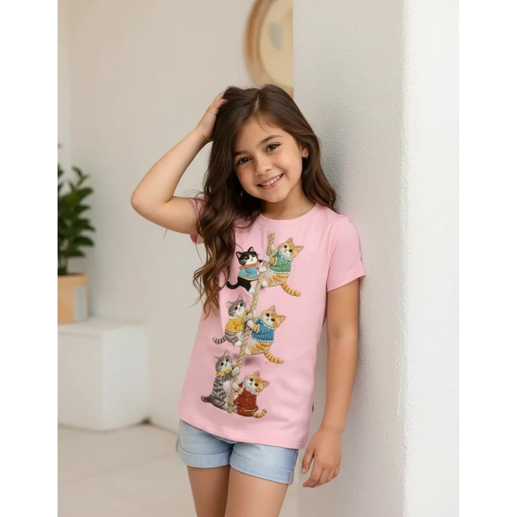Camiseta Infantil Gatinhos Fofo Meninas Manga Curta Confortavel Top