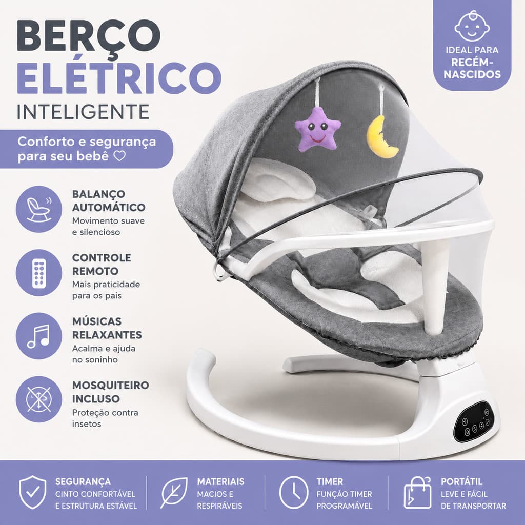 Berço Elétrico Bebê com Balanço Automático, Controle Remoto, Música, Mosquiteiro e Toldo para Recém-Nascido