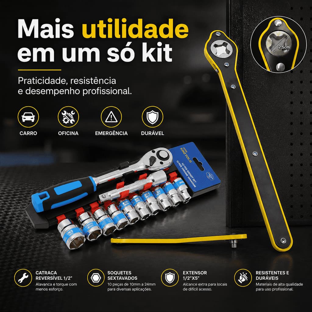Jogo De Soquete Sextavado 1/2 Catraca 12 Peças 10 a 24mm com Extensão+Chave Catraca para Macaco