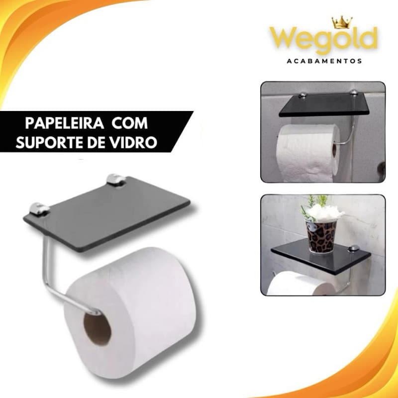 Papeleira Com Suporte de Vidro Fumê - Suporte de Papel Higiênico