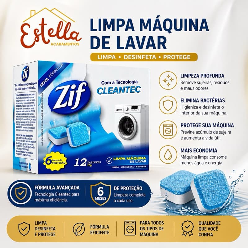 Zif Limpa Maquina de Lavar Roupas 12 Pastilhas Rende até 1 Ano Lavadoras frontal e superior com Tecnologia Cleantec