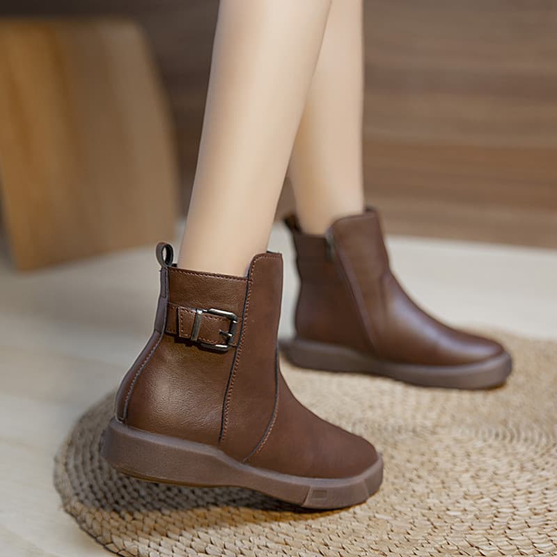 Botas curtas outono inverno novo estilo botas femininas de sola grossa fivela de cinto botas Martin planas