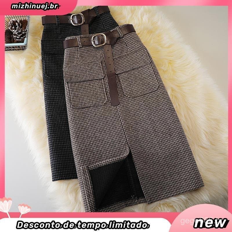 Saia Lápis Feminina de Lã Tweed Xadrez com Bolsos, Cintura Alta, Comprimento Midi até o Joelho, Tamanhos S-XXL, Primaver
