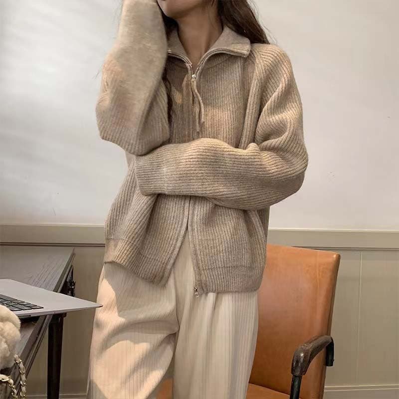 Lapela duplo zíper macio ceroso malha Cardigan feminino solto All-Match outono inverno longo