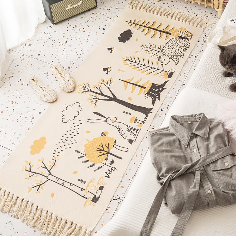 [Novo produto] desenho animado algodão linho quarto cabeceira pé tapete borla tapete longo sala de estar sofá tapete Tat