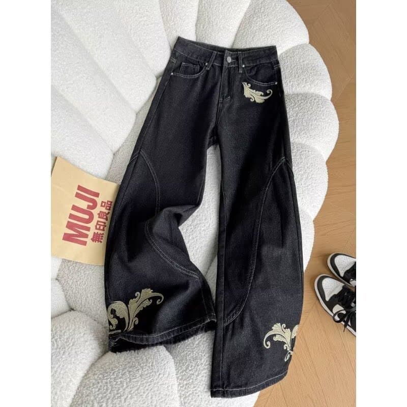 Feixe misto Kimchi americano Retro estrela coelho cintura alta Jeans feminino em linha reta Design solto ligeiramente ab