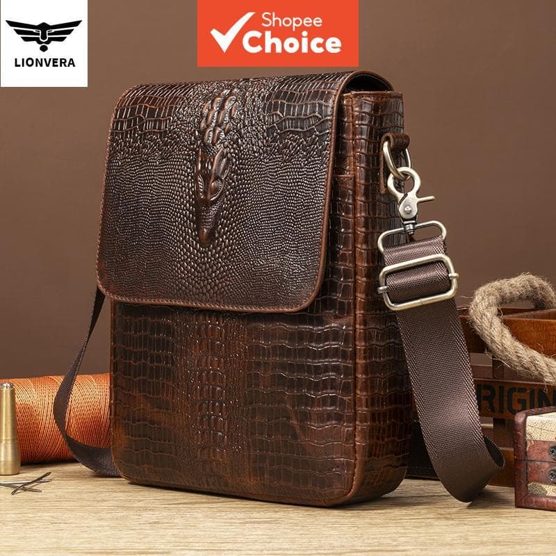 Bolsa masculina de couro legítimo com estampa de crocodilo, tiracolo marrom ou preta, ideal para negócios e